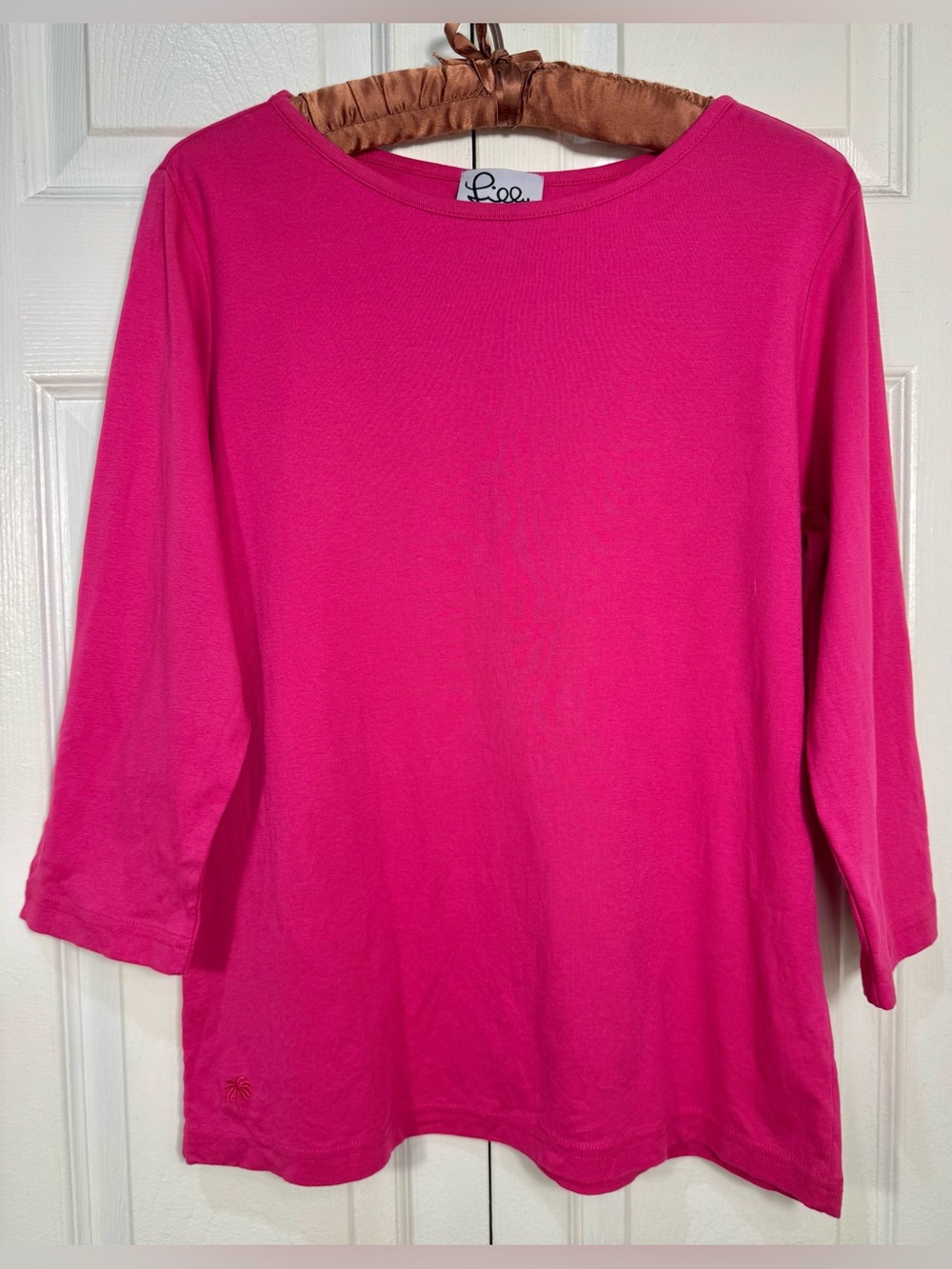 Vintage Lilly Pulitzer 3/4 Sleeve Boat Neck Top Pink Palm Tree Logo Size Large